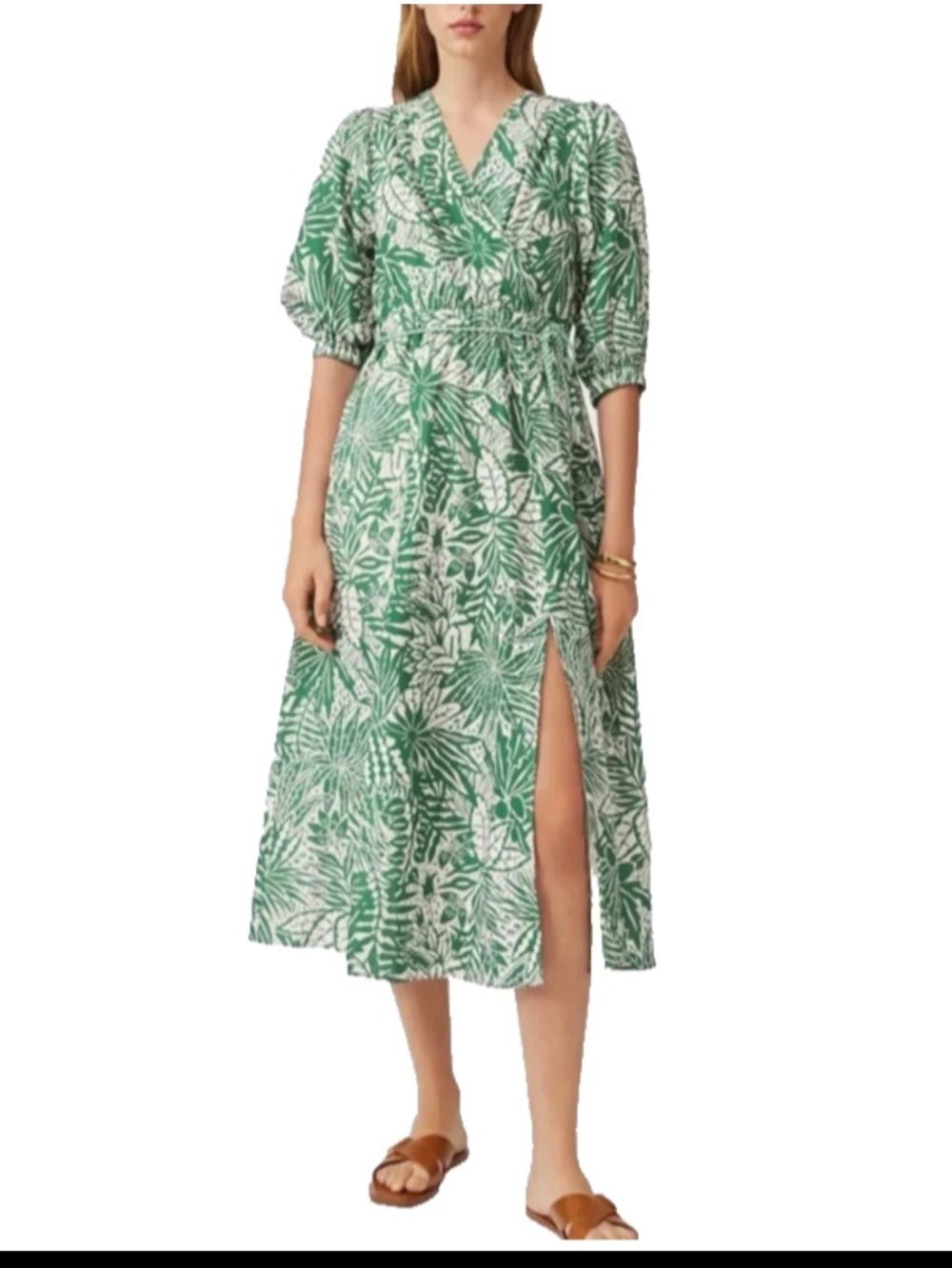 Suncoo Paris Dress Cotty Rose Green Wrap Floral Leaf Toile Linen Size T1 S